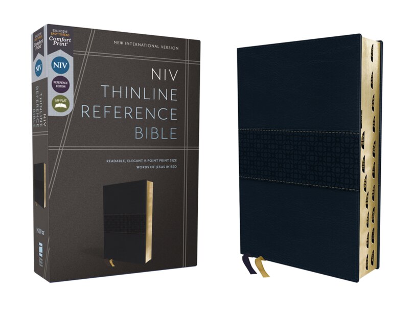 Front cover_NIV, Thinline Reference Bible (Deep Study at a Portable Size), Leathersoft, Navy, Red Letter, Thumb Indexed, Comfort Print