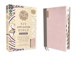 Front cover_NIV Application Bible, Personal Size, Leathersoft, Pink/Gray, Red Letter, Thumb Indexed, Comfort Print