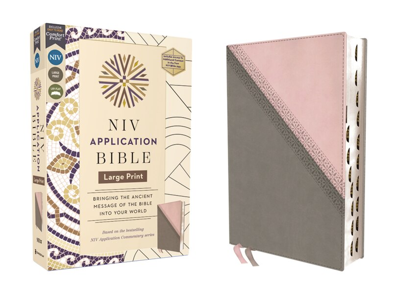 Front cover_NIV Application Bible, Large Print, Leathersoft, Pink/Gray, Red Letter, Thumb Indexed, Comfort Print