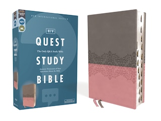 Front cover_NIV, Quest Study Bible, Leathersoft, Gray/Pink, Thumb Indexed, Comfort Print