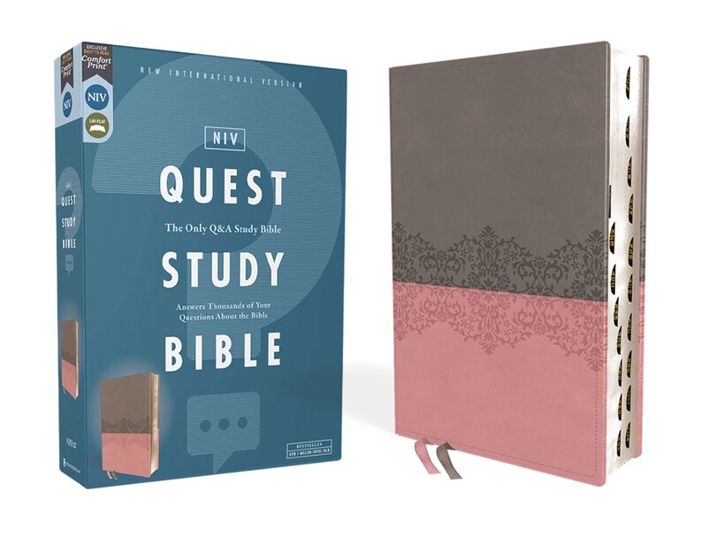 Front cover_NIV, Quest Study Bible, Leathersoft, Gray/Pink, Thumb Indexed, Comfort Print