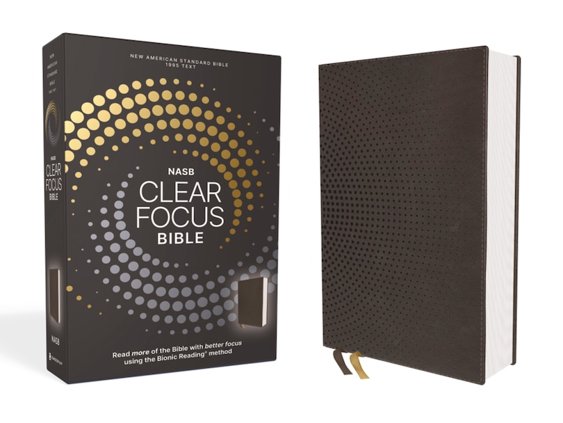 Front cover_NASB, Clear Focus Bible, Leathersoft, Charcoal Brown