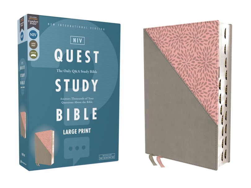 Front cover_NIV, Quest Study Bible, Large Print, Leathersoft, Gray/Pink, Thumb Indexed, Comfort Print