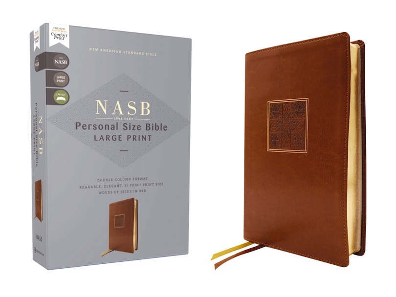 Front cover_NASB, Personal Size Bible, Large Print, Leathersoft, Brown, Red Letter, 1995 Text, Comfort Print
