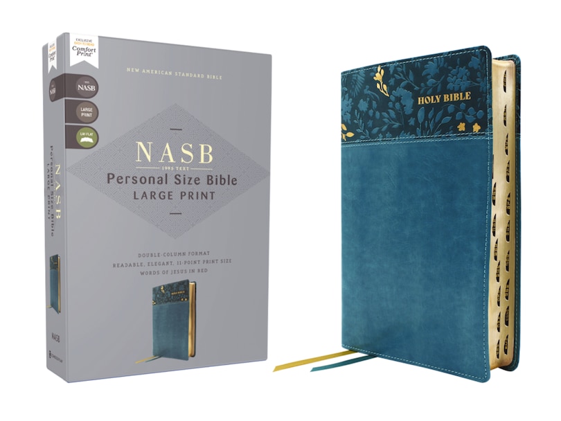 Front cover_NASB, Personal Size Bible, Large Print, Leathersoft, Teal, Red Letter, 1995 Text, Thumb Indexed, Comfort Print