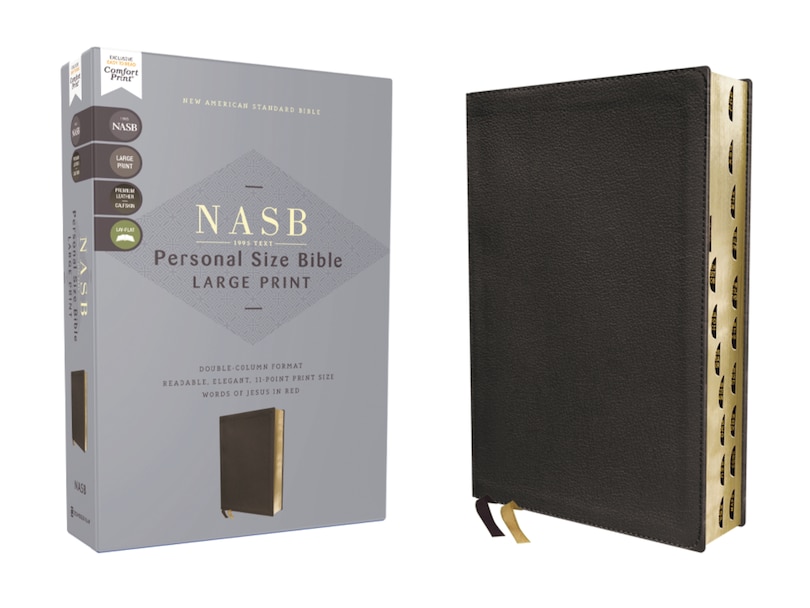 Couverture_NASB, Personal Size Bible, Large Print, Genuine Leather, Calfskin, Black, Red Letter, 1995 Text, Thumb Indexed, Comfort Print