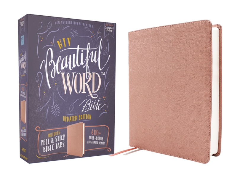 Front cover_NIV, Beautiful Word Bible, Updated Edition, Peel/Stick Bible Tabs, Leathersoft, Pink, Red Letter, Comfort Print