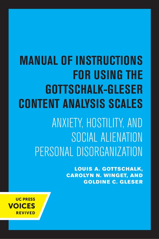 Couverture_Manual Of Instructions For Using The Gottschalk-gleser Content Analysis Scales