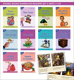 Front cover_Phonic Books Dandelion Readers Set 2 Units 11-20 Twin Chimps (Two Letter Spellings sh, ch, th, ng, qu, wh, -ed, -ing, -le)