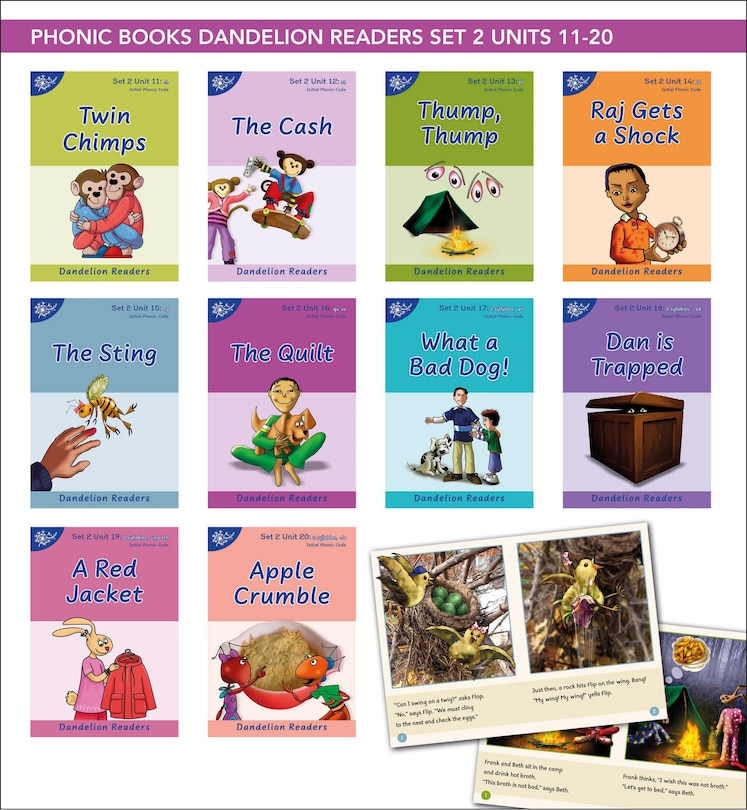 Front cover_Phonic Books Dandelion Readers Set 2 Units 11-20 Twin Chimps (Two Letter Spellings sh, ch, th, ng, qu, wh, -ed, -ing, -le)