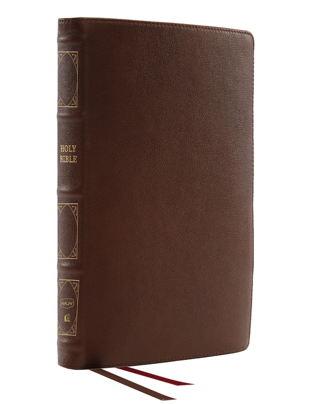 Front cover_Nkjv, Thinline Reference Bible, Genuine Leather, Brown, Red Letter, Thumb Indexed, Comfort Print