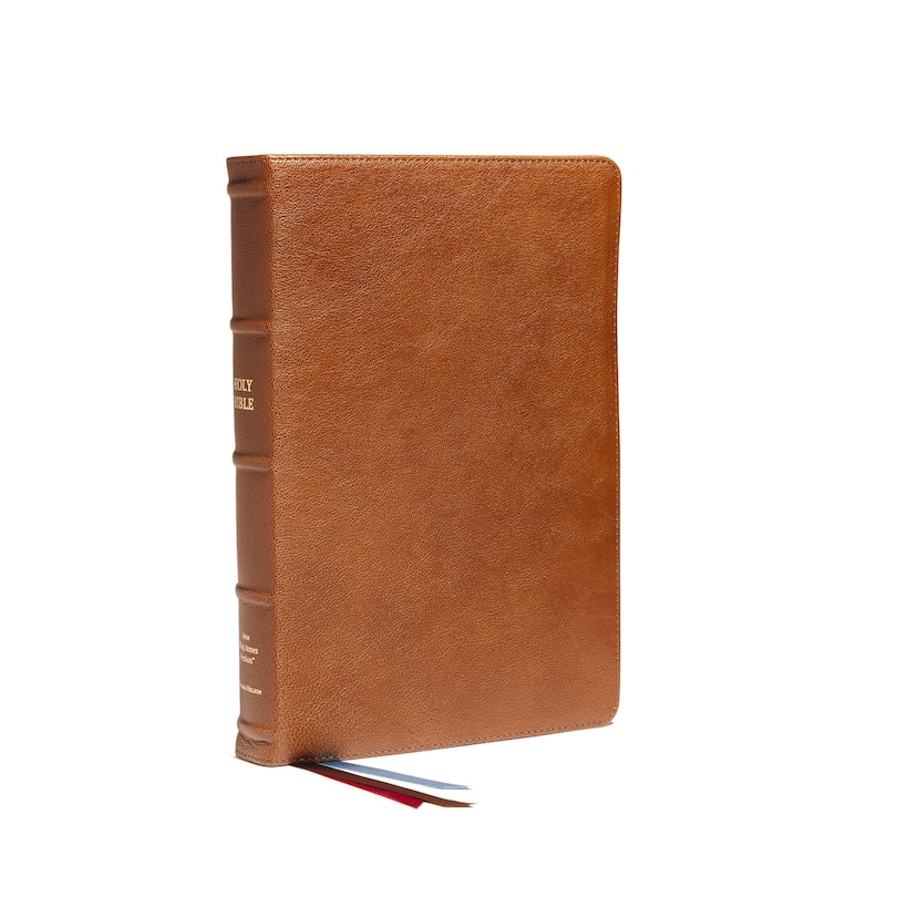 Front cover_Nkjv, Reference Bible, Classic Verse-by-verse, Center-column, Premium Goatskin Leather, Brown, Premier Collection, Red Letter, Thumb Indexed, Comfort Print