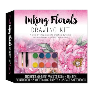 Inking Florals Drawing Kit: A step-by-step guide to creating dynamic modern florals in ink and watercolor – Includes: 64-page project book, ink pen, paint brush, 8 watercolor paints, 32-page sketchbook