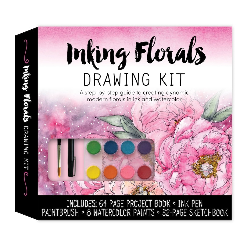 Inking Florals Drawing Kit: A step-by-step guide to creating dynamic modern florals in ink and watercolor – Includes: 64-page project book, ink pen, paint brush, 8 watercolor paints, 32-page sketchbook