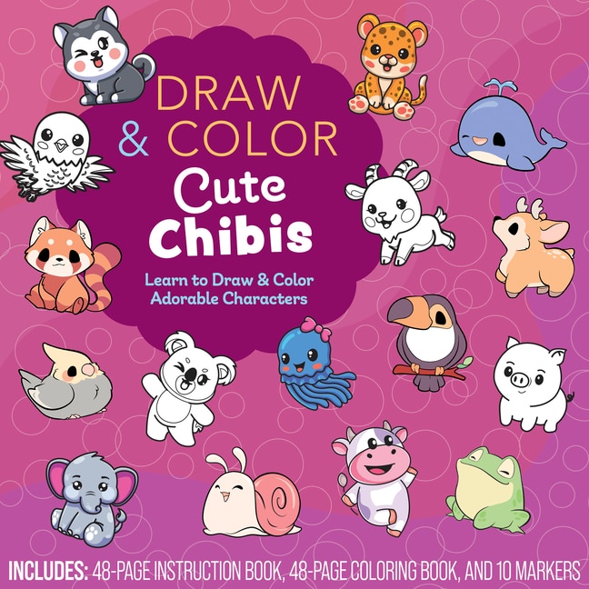 DRAW & COLOR CUTE CHIBIS: Learn to Draw and Color Adorable Characters - Includes: 48-page Instruction Book, 48-page Coloring Book, and 10 Markers