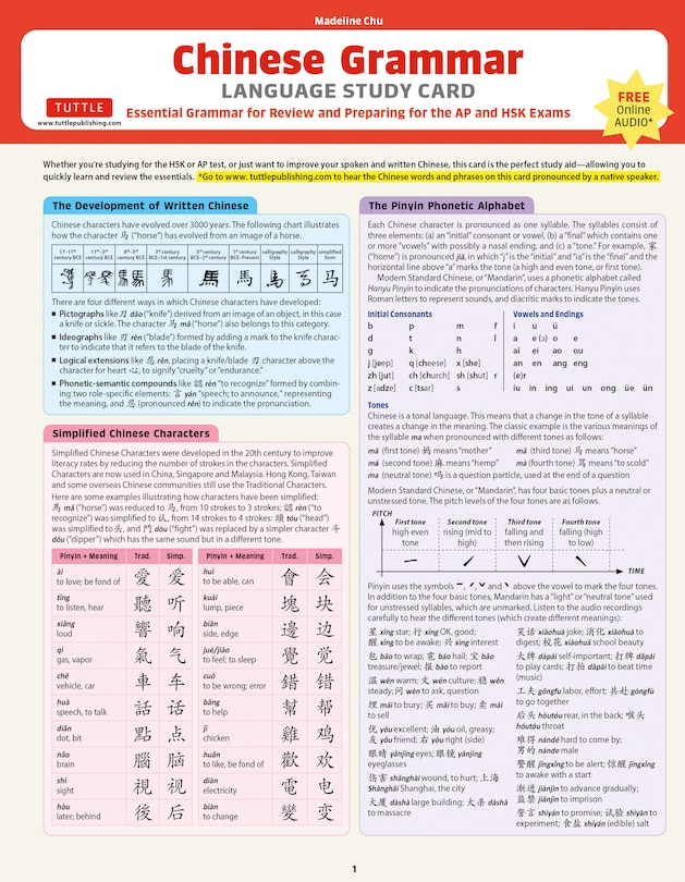 Mandarin Chinese Grammar Language Study Card: Essential Grammar Points For Hsk And Ap Tests (includes Online Audio)