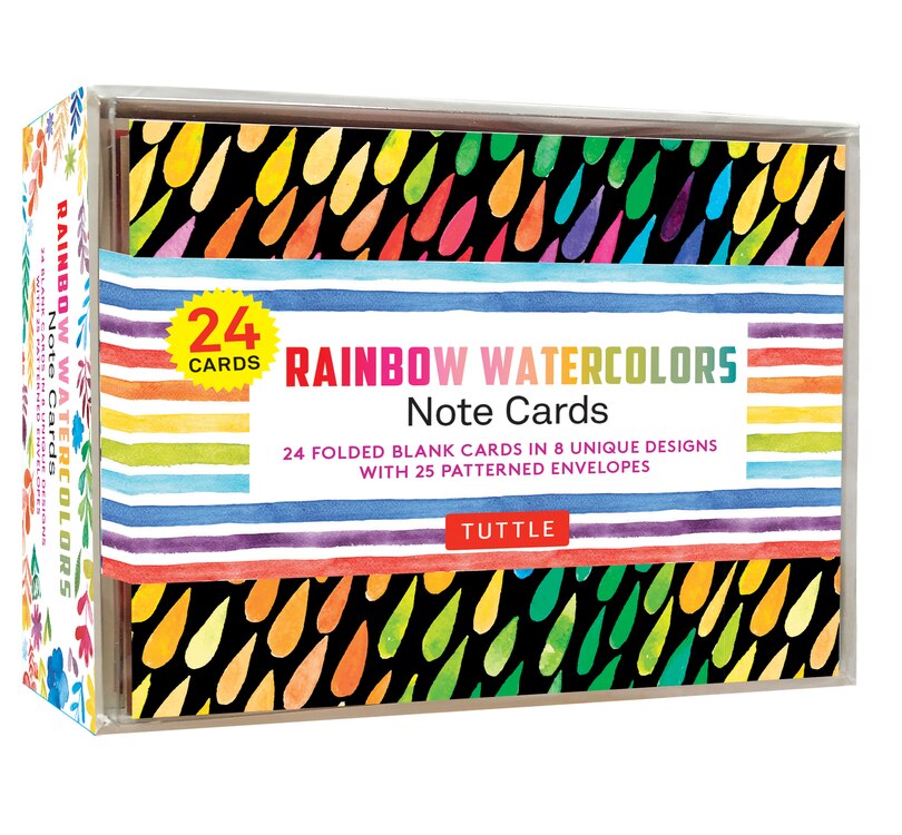 Rainbow Watercolors Note Cards, 24 Blank Cards: 8 Unique Designs with 25 Patterned Envelopes