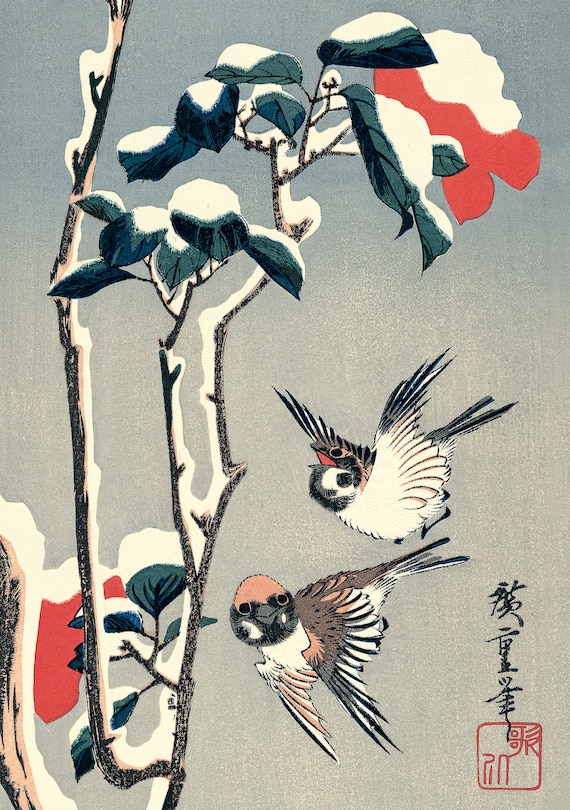 Front cover_Journal Sparrows and Camellia in Snow by Hiroshige, Lined PB