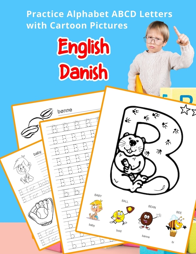 Front cover_English Danish Practice Alphabet ABCD letters with Cartoon Pictures