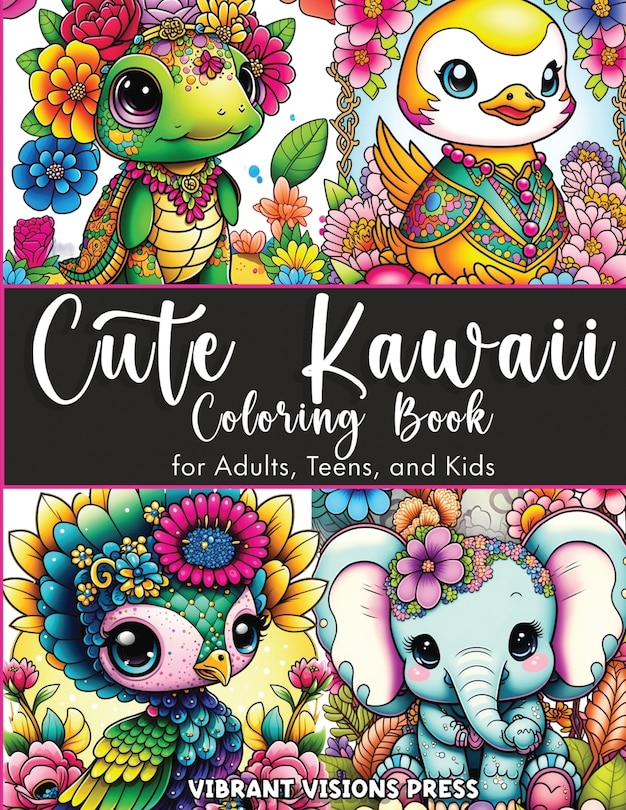 Couverture_Cute Kawaii Coloring Book for Adults, Teens, and Kids-Adorned with Jewelry and Floral Designs-Cat, Dog, Duck, Fairy, Elephant, Giraffe, Cow, Pig, and More