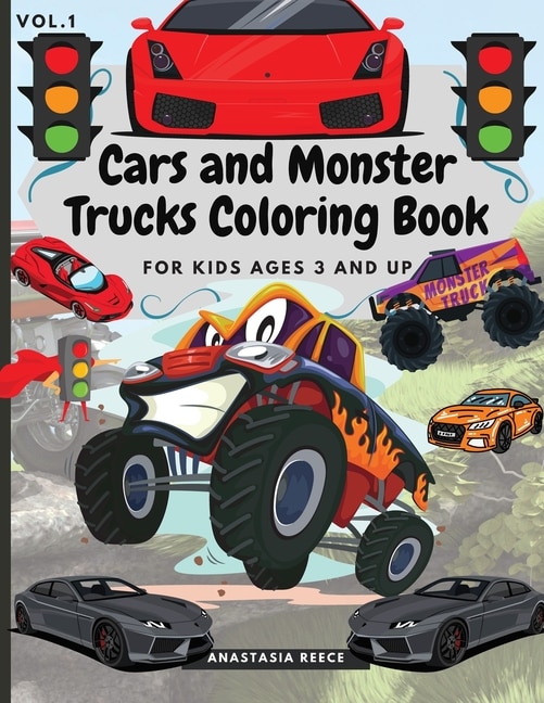 Front cover_Cars And Monster Trucks Coloring Book For Kids Ages 3 And Up