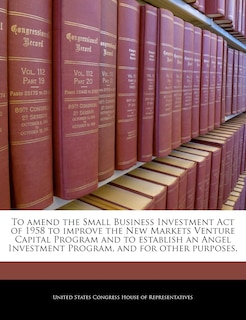 To Amend The Small Business Investment Act Of 1958 To Improve The New Markets Venture Capital Program And To Establish An Angel Investment Program, And For Other Purposes.
