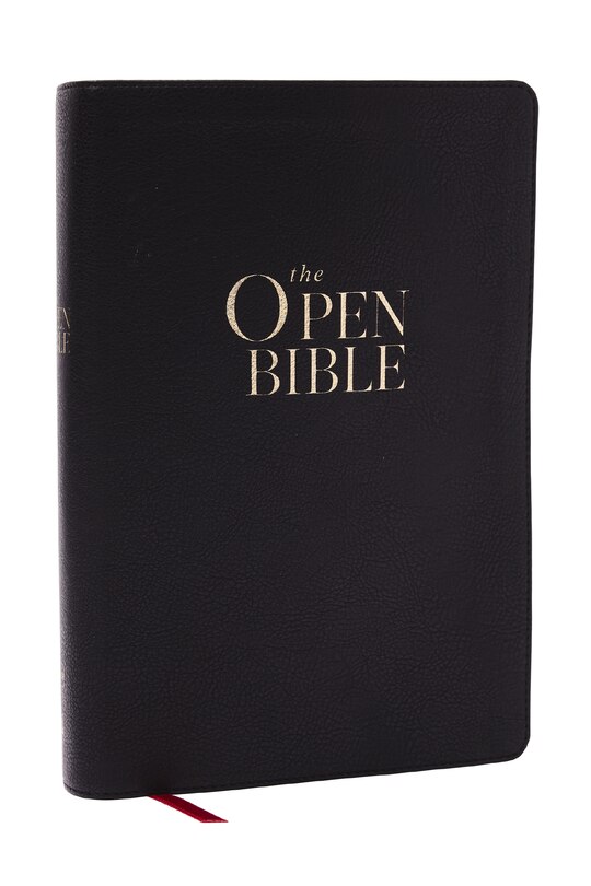 Front cover_The Open Bible: Read and Discover the Bible for Yourself (KJV, Black Leathersoft, Red Letter, Comfort Print, Thumb Indexed)