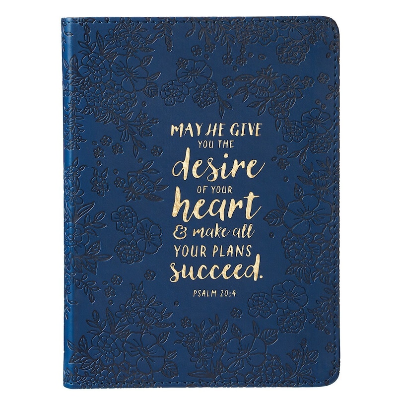 Front cover_Christian Art Gifts Classic Handy-sized Journal Desire Of Your Heart Psalm 20:4 Bible Verse Inspirational Scripture Notebook w/Ribbon, Faux Leather Flexcover 240 Ruled Pages, 5.7 x 7, Floral Blue