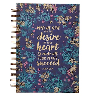 Christian Art Gifts Journal w/Scripture Desire Of Your Heart Psalm 20:4 Bible Verse Blue Floral 192 Ruled Pages, Large Hardcover Notebook, Wire Bound