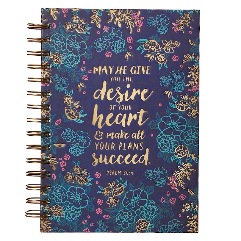 Christian Art Gifts Journal w/Scripture Desire Of Your Heart Psalm 20:4 Bible Verse Blue Floral 192 Ruled Pages, Large Hardcover Notebook, Wire Bound