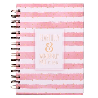 Christian Art Gifts Journal w/Scripture Fearfully and Wonderfully Made Psalm 139:14 Bible Verse Pink Stripe 192 Ruled Pages, Large Hardcover Notebook, Wire Bound