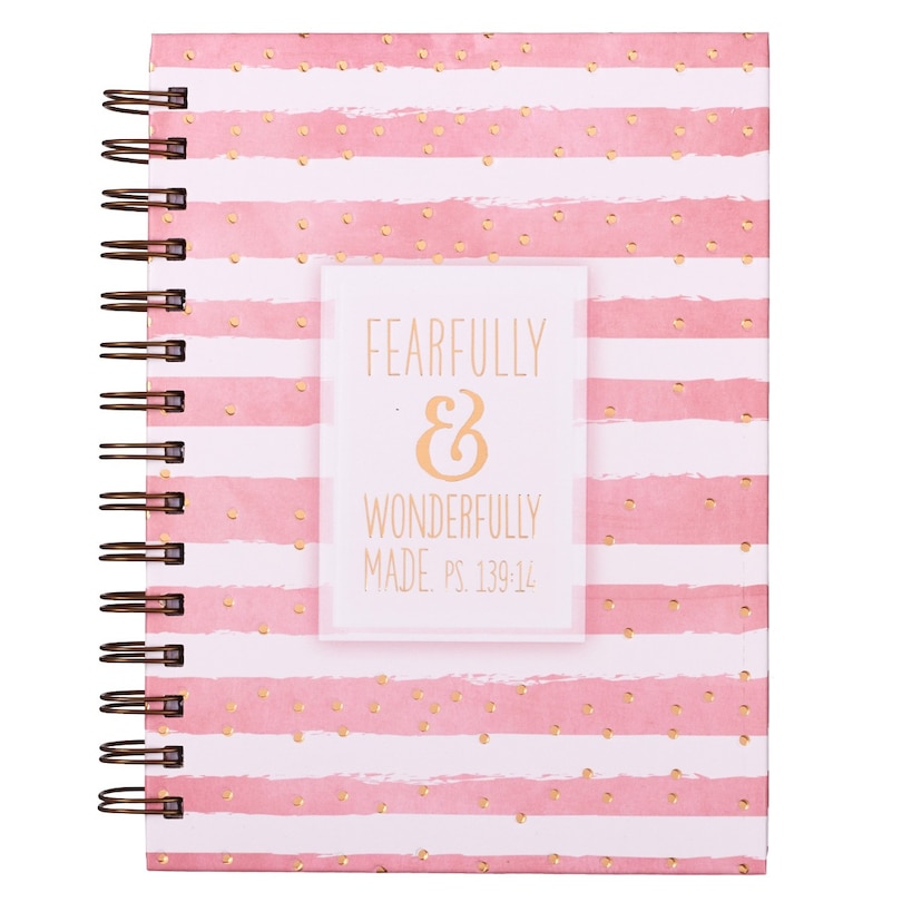 Christian Art Gifts Journal w/Scripture Fearfully and Wonderfully Made Psalm 139:14 Bible Verse Pink Stripe 192 Ruled Pages, Large Hardcover Notebook, Wire Bound