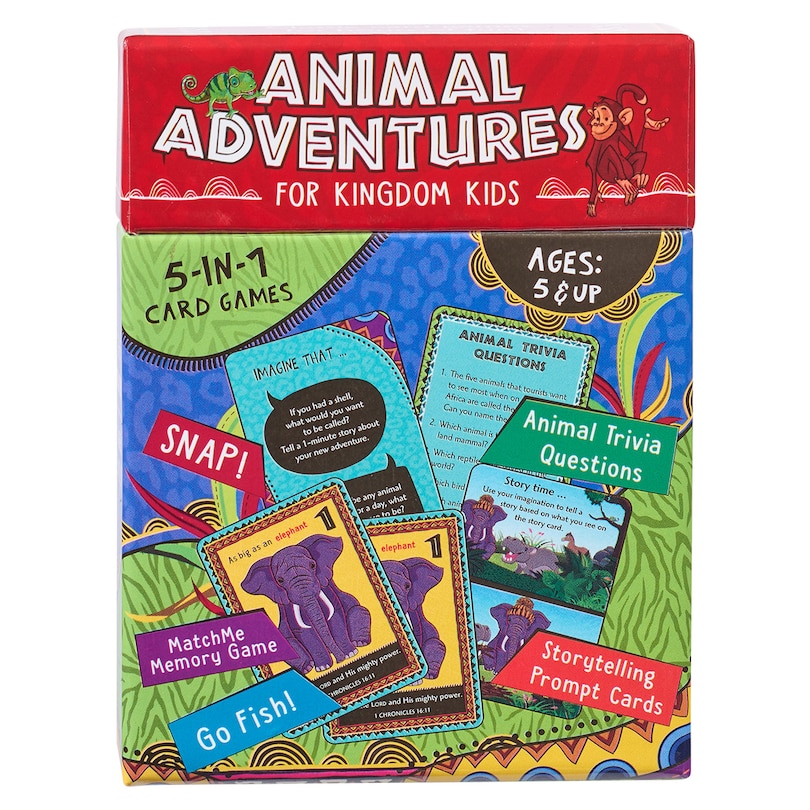 Animal Adventures For Kingdom Kids 5-in-1 Card Games, Animal Trivia, SNAP, Match Me Memory, Go Fish, Storytelling Prompts