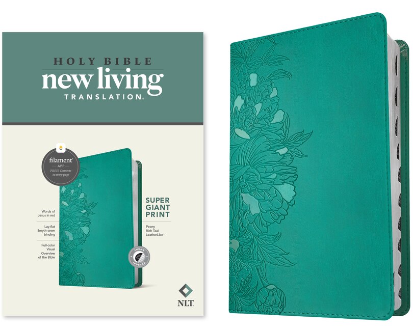 Front cover_NLT Super Giant Print Bible, Filament Enabled (LeatherLike, Peony Rich Teal, Indexed, Red Letter)