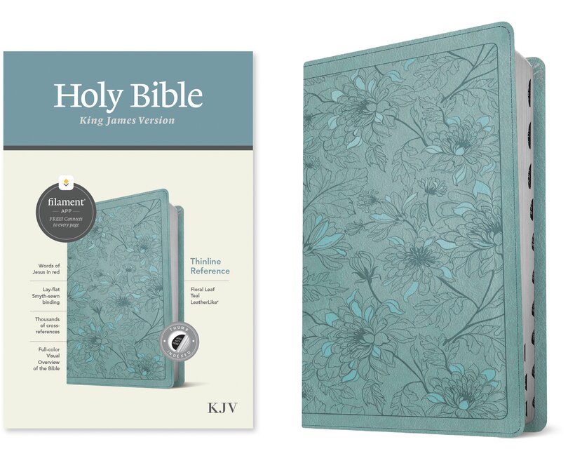 Front cover_KJV Thinline Reference Bible, Filament Enabled (LeatherLike, Floral Leaf Teal, Indexed, Red Letter)