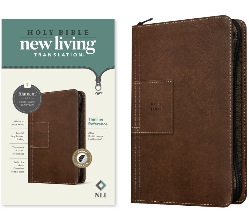 Couverture_NLT Thinline Reference Zipper Bible, Filament Enabled (LeatherLike, Atlas Rustic Brown, Indexed, Red Letter)