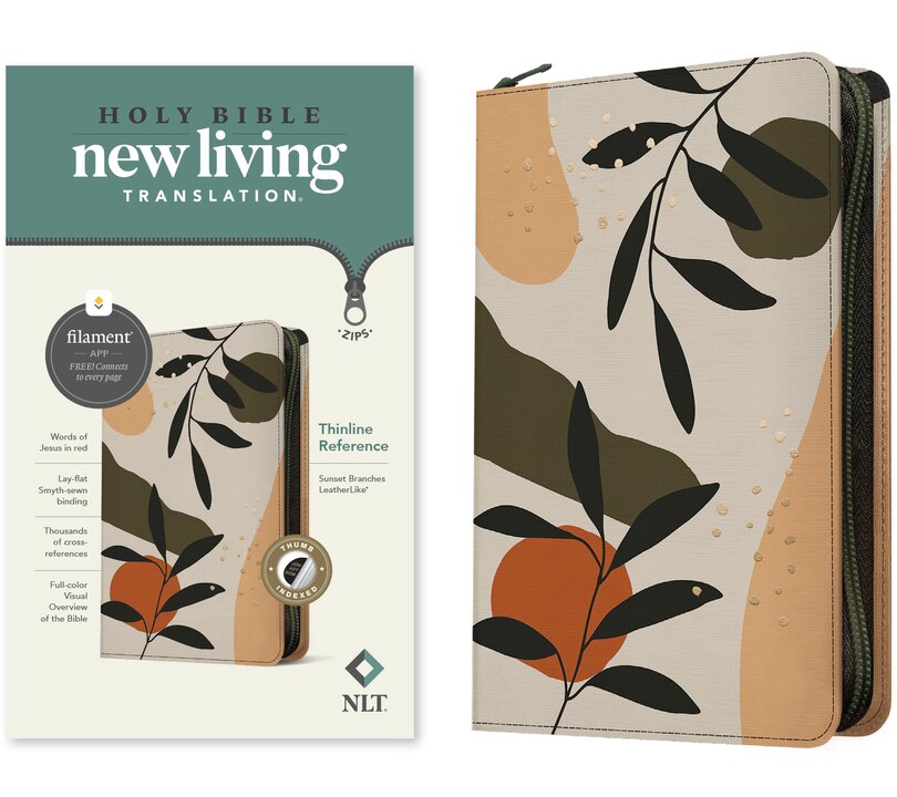 Front cover_NLT Thinline Reference Zipper Bible, Filament Enabled (LeatherLike, Sunset Branches , Indexed, Red Letter)