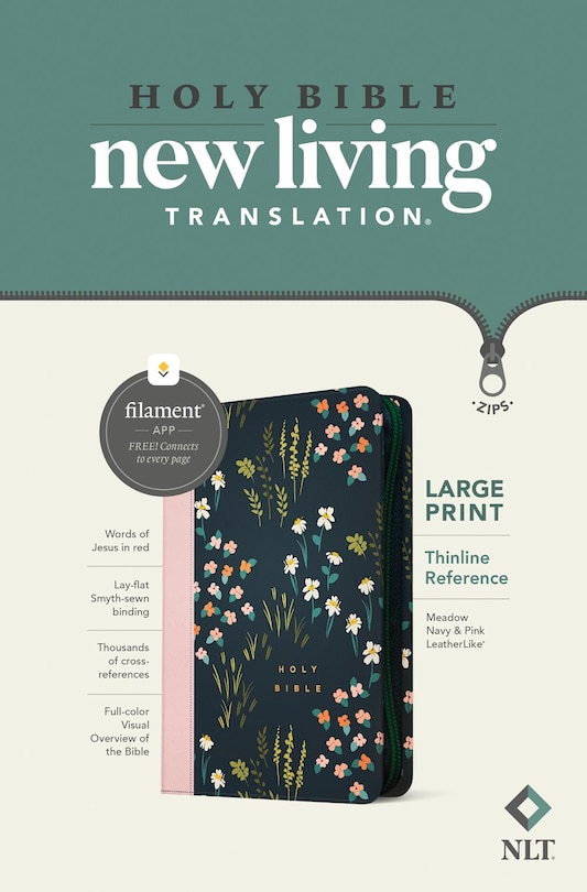 Front cover_NLT Large Print Thinline Reference Zipper Bible, Filament Enabled (LeatherLike, Meadow Navy & Pink , Red Letter)
