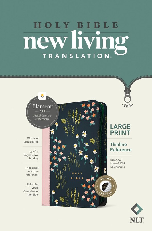 Front cover_NLT Large Print Thinline Reference Zipper Bible, Filament Enabled (LeatherLike, Meadow Navy & Pink , Indexed, Red Letter)