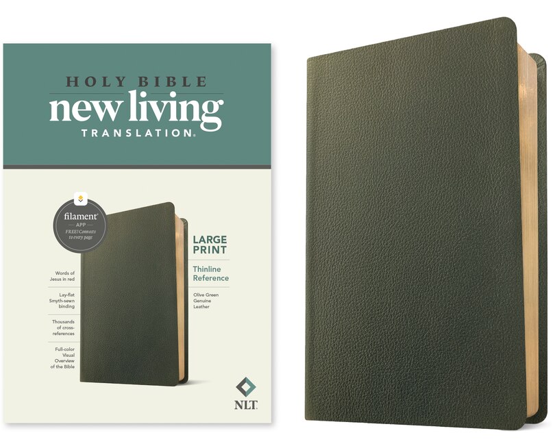 Front cover_NLT Large Print Thinline Reference Bible, Filament Enabled (Genuine Leather, Olive Green, Red Letter)