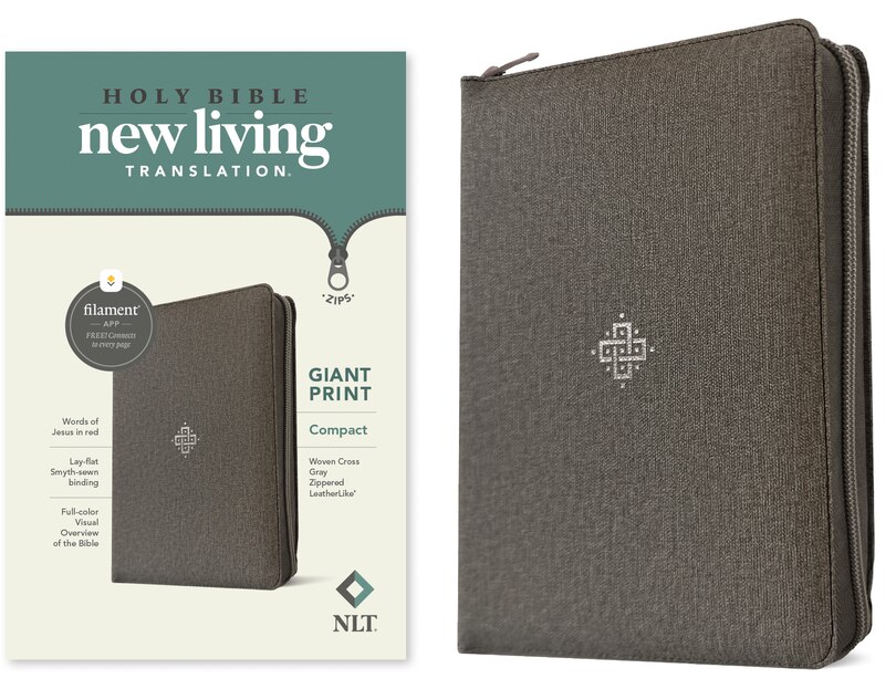Front cover_NLT Compact Giant Print Zipper Bible, Filament Enabled (Leatherlike, Woven Cross Gray, Red Letter)