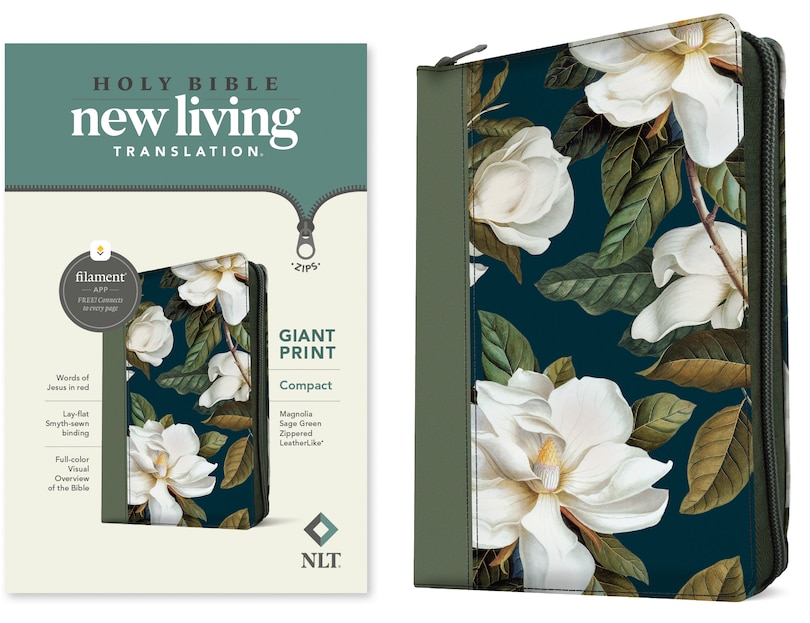 Front cover_NLT Compact Giant Print Zipper Bible, Filament Enabled (Leatherlike, Magnolia Sage Green, Red Letter)