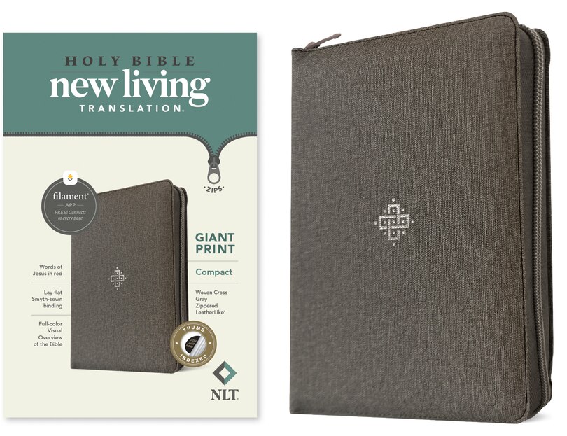 Front cover_NLT Compact Giant Print Zipper Bible, Filament Enabled (Leatherlike, Woven Cross Gray, Indexed, Red Letter)