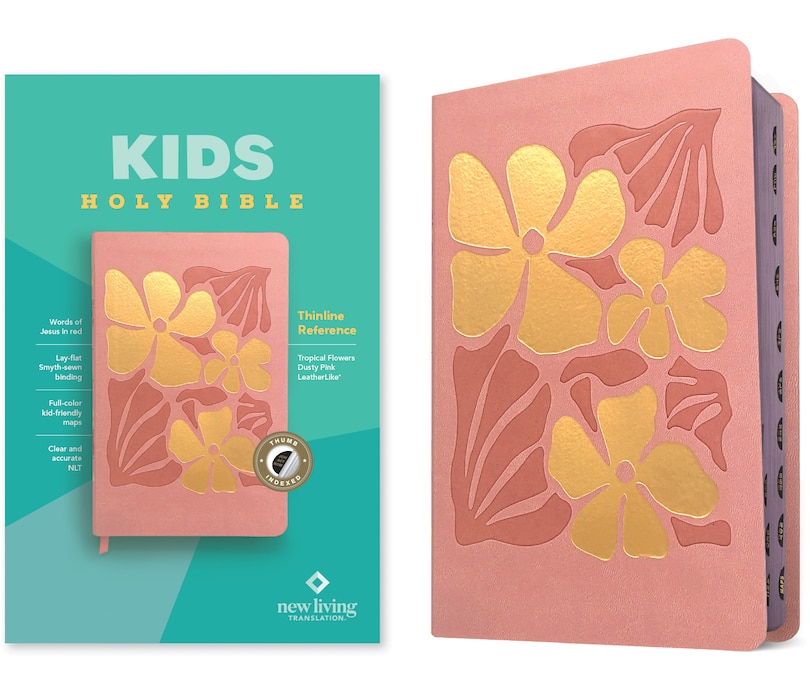 Front cover_NLT Kids Bible, Thinline Reference Edition (Leatherlike, Tropical Flowers Dusty Pink, Indexed, Red Letter)