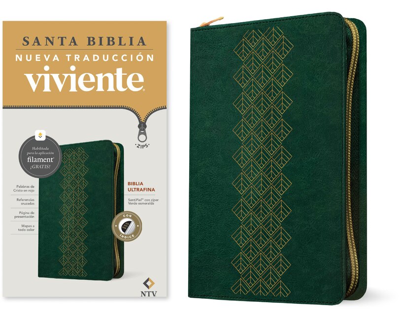 Couverture_Biblia Ultrafina Ntv de Zíper, Con Filament (Sentipiel, Verde Esmeralda, Índice, Letra Roja)