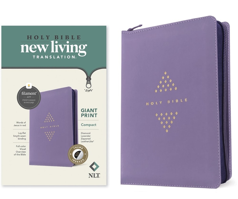 Front cover_NLT Compact Giant Print Zipper Bible, Filament Enabled (Leatherlike, Diamond Lavender, Indexed, Red Letter)