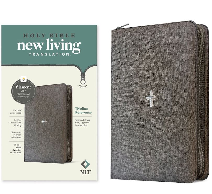 Front cover_NLT Thinline Reference Zipper Bible, Filament Enabled (Leatherlike, Textured Cross Gray, Red Letter)