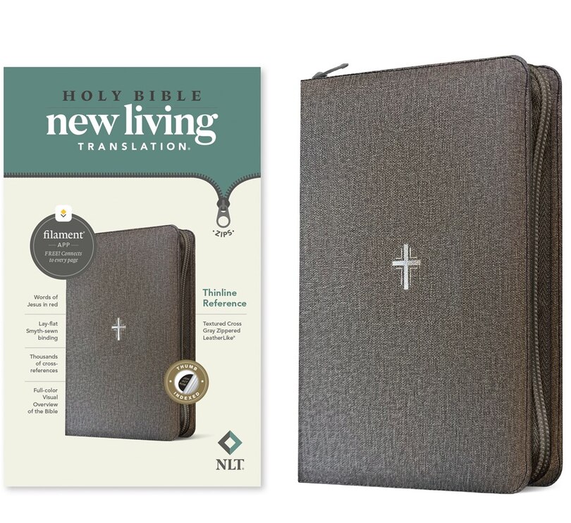 Couverture_NLT Thinline Reference Zipper Bible, Filament Enabled (LeatherLike, Textured Cross Gray, Indexed, Red Letter)