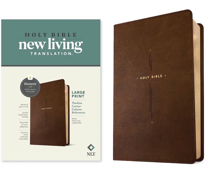 Front cover_NLT Large Print Thinline Center-Column Reference Bible, Filament Enabled (Leatherlike, Brown Holy Cross, Red Letter)