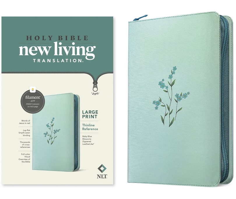 Couverture_NLT Large Print Thinline Reference Zipper Bible, Filament Enabled (LeatherLike, Baby Blue Blossoms, Red Letter)